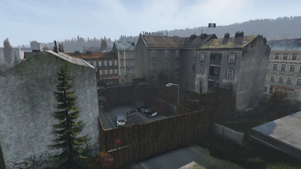 Defensive stronghold on silo roofs under a clear sky