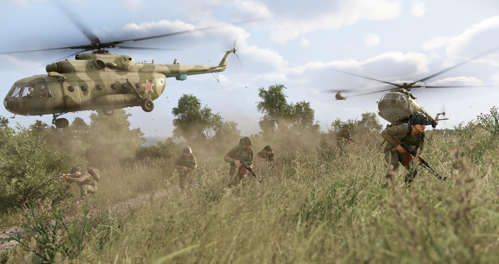 Soviet infantry advancing under Mi-8 helicopters