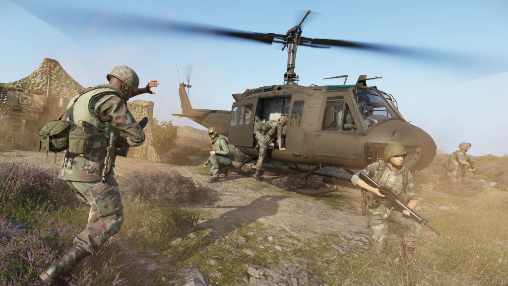 UH-1 Huey insertion with soldiers providing security