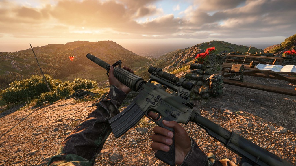 Soldier on overwatch at sunset with map and radio