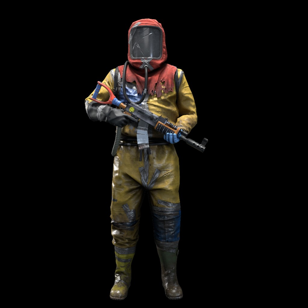 Hazmat suit character holding an assault rifle