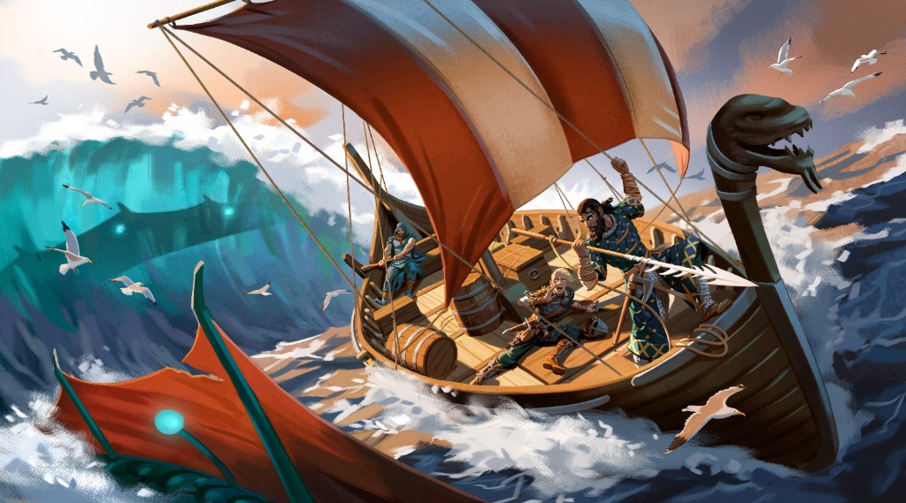 Vikings sailing a longship through stormy seas